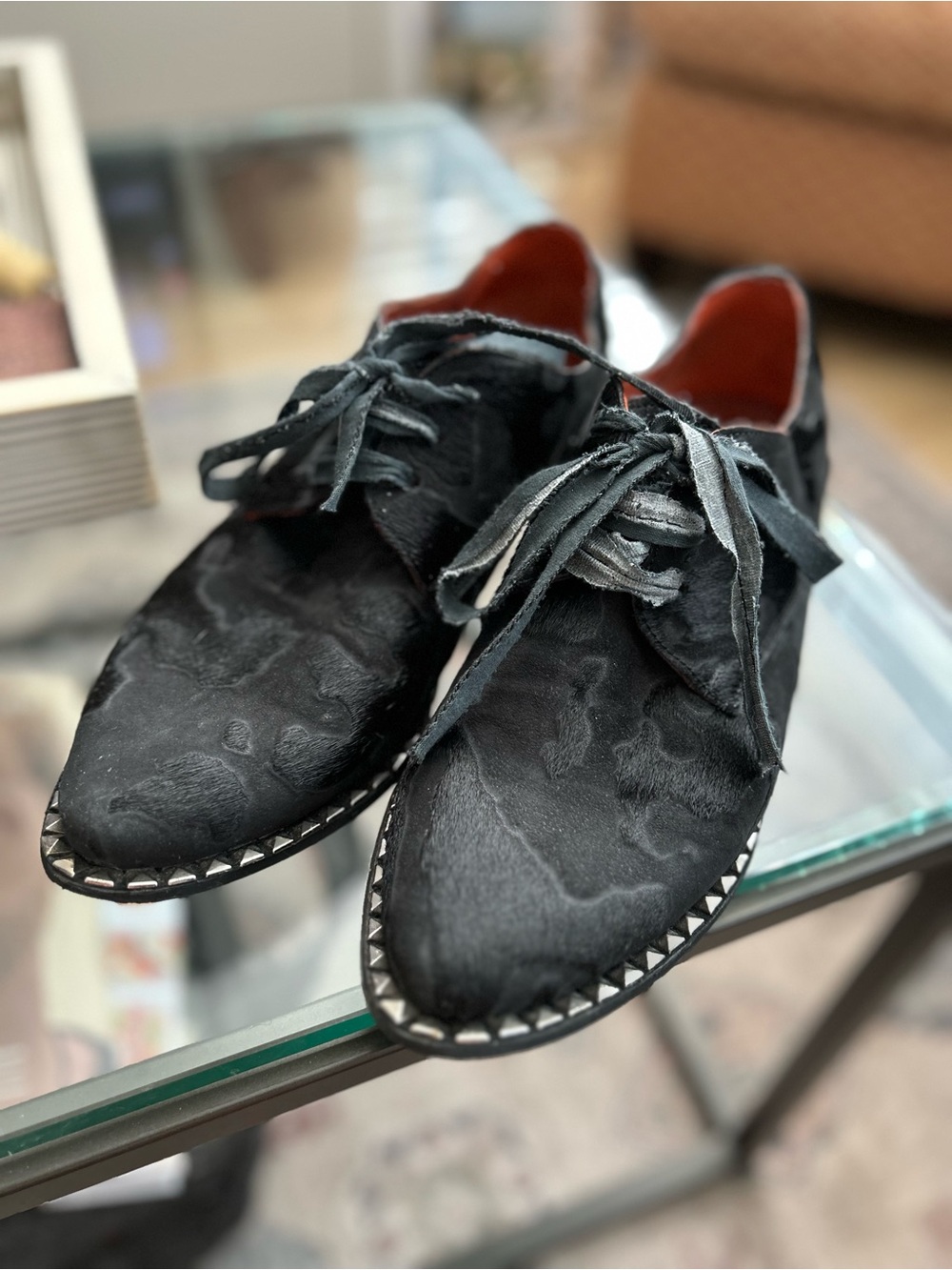 Papucei Handmade Black Hair-On Leather Derby Lace-Up Shoes EU 42 Artisan Romania
